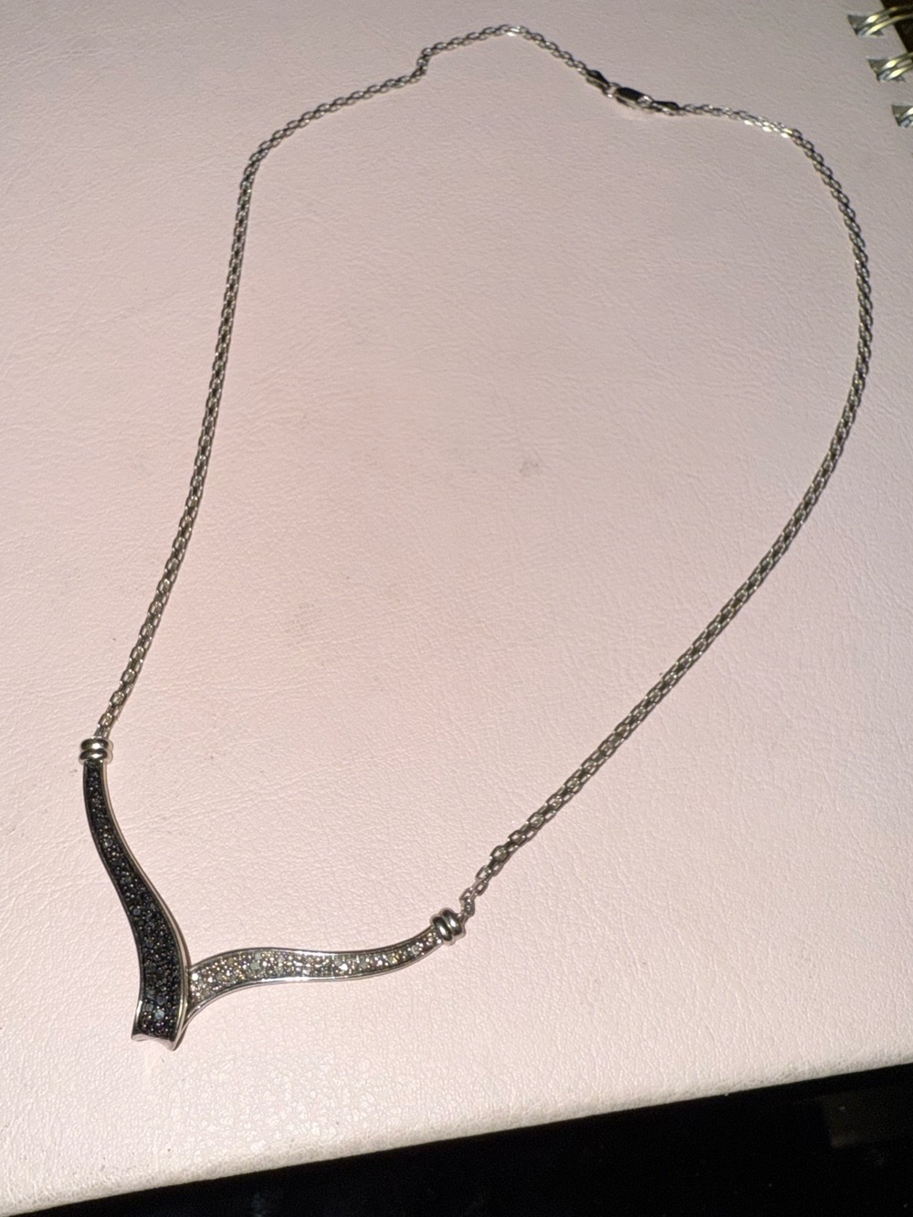 Sterling Silver 15” Black and White Diamond V-Accent Necklace